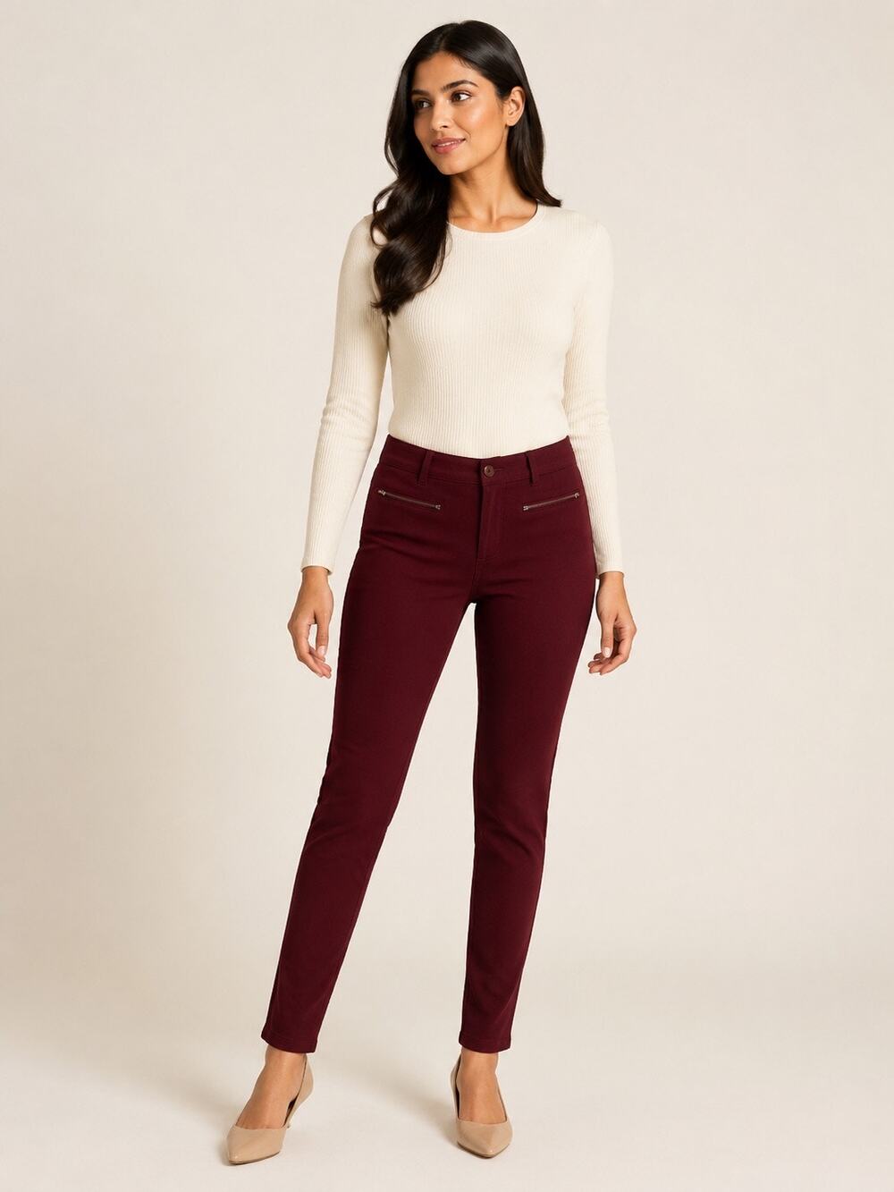 Poetry Chino Pants Women’s Small Burgundy Slim Tapered Stretch Zip Pockets